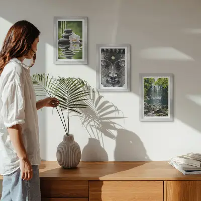 Tríptico com moldura quadro harmonia da natureza com pedras, água e buda