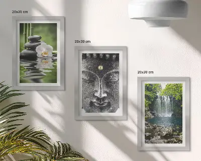 Tríptico com moldura quadro harmonia da natureza com pedras, água e buda