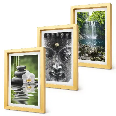 Tríptico com moldura quadro harmonia da natureza com pedras, água e buda