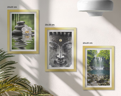 Tríptico com moldura Harmonia da natureza com pedras, água e Buda