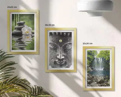 Tríptico com moldura quadro harmonia da natureza com pedras, água e buda