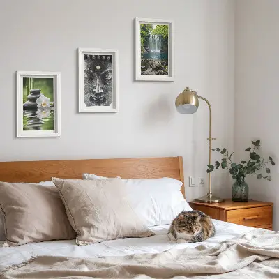 Tríptico com moldura quadro harmonia da natureza com pedras, água e buda