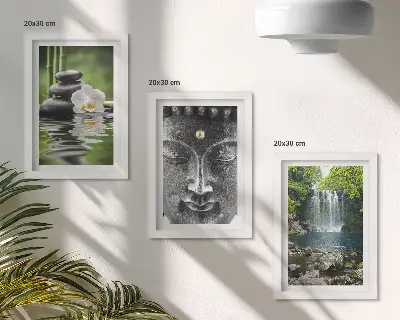 Tríptico com moldura quadro harmonia da natureza com pedras, água e buda
