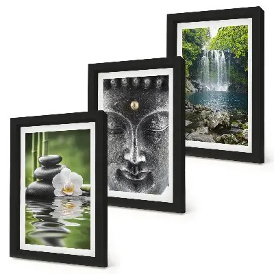 Tríptico com moldura quadro harmonia da natureza com pedras, água e buda