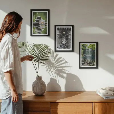 Tríptico com moldura quadro harmonia da natureza com pedras, água e buda