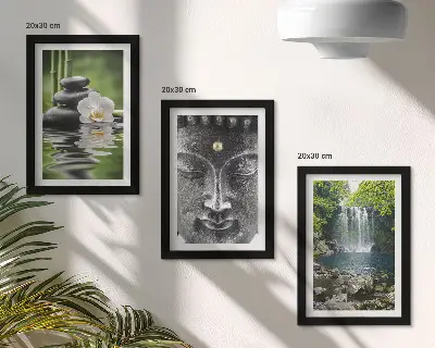 Tríptico com moldura quadro harmonia da natureza com pedras, água e buda