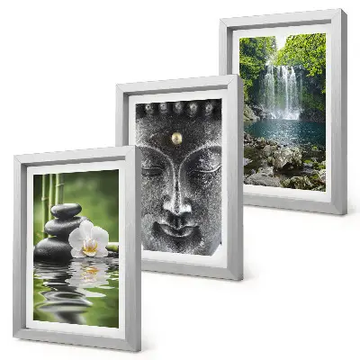Tríptico com moldura quadro harmonia da natureza com pedras, água e buda