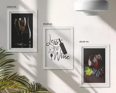 Conjunto de 3 quadros decorativos com estampa de taças de vinho, uvas e inscrição temática