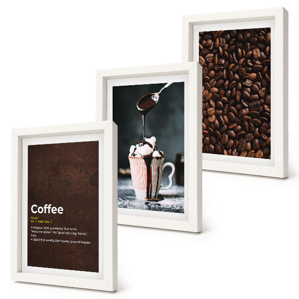 Conjunto de molduras com imagens Definição de bebida de chantilly com grãos de café
