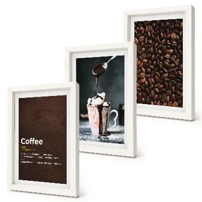 Conjunto de molduras com imagens de definição de bebida de chantilly com grãos de café