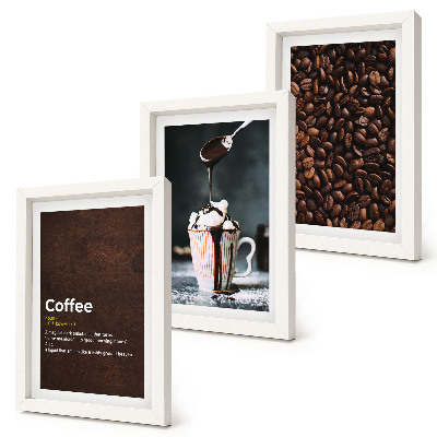 Conjunto de molduras com imagens Definição de bebida de chantilly com grãos de café
