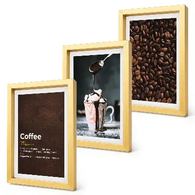 Conjunto de molduras com imagens de definição de bebida de chantilly com grãos de café