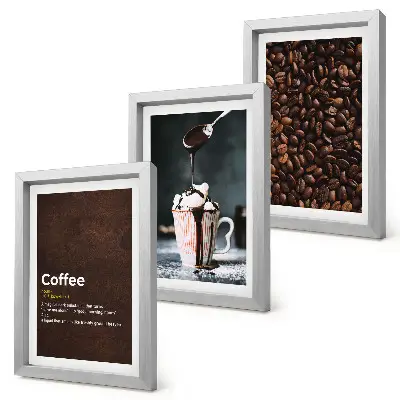 Conjunto de molduras com imagens de definição de bebida de chantilly com grãos de café
