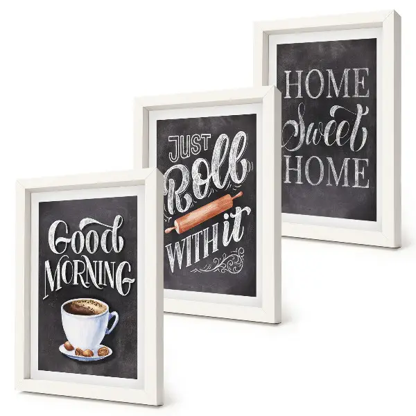 Conjunto de 3 quadros decorativos com temas para cozinha e inscrições em estilo quadro-negro
