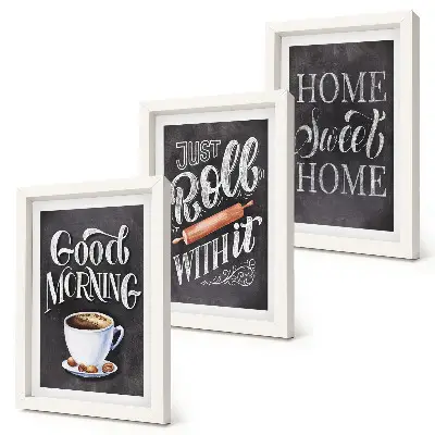 Conjunto de 3 quadros decorativos com temas para cozinha e inscrições em estilo quadro-negro
