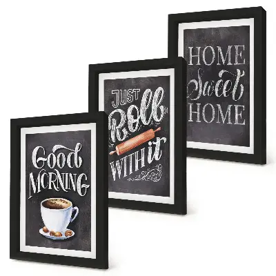 Conjunto de 3 quadros decorativos com temas para cozinha e inscrições em estilo quadro-negro