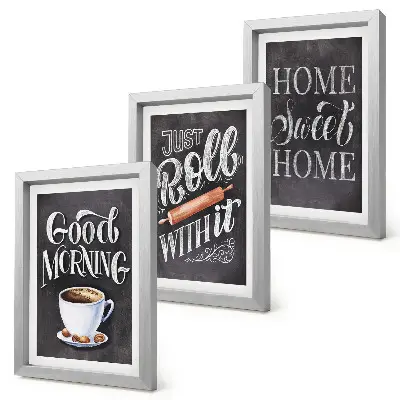 Conjunto de 3 quadros decorativos com temas para cozinha e inscrições em estilo quadro-negro