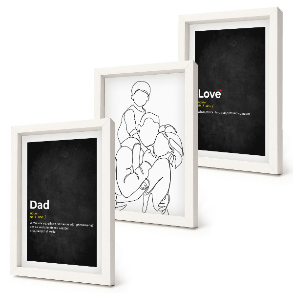 Tríptico com moldura Desenhos de família com definições de amor e paternidade.
