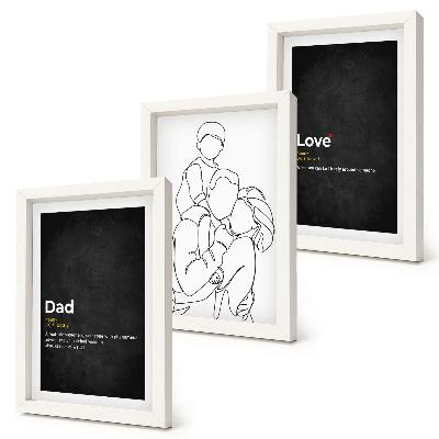 Tríptico com moldura Desenhos de família com definições de amor e paternidade.