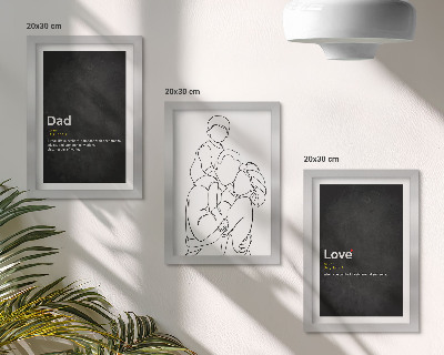 Tríptico com moldura Desenhos de família com definições de amor e paternidade.