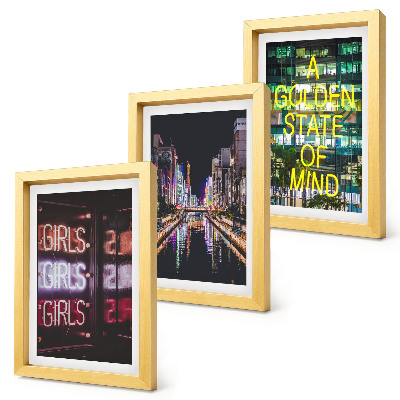 Conjunto de 3 quadros decorativos Letreiros de néon da cidade à noite com vista para o rio.