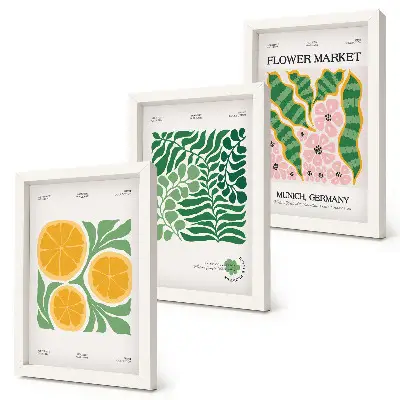 Conjunto de molduras com imagens com motivos de frutas e plantas em tons pastel