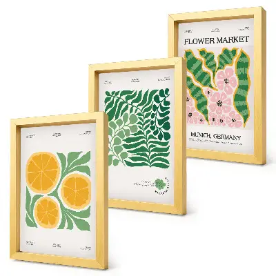 Conjunto de molduras com imagens com motivos de frutas e plantas em tons pastel