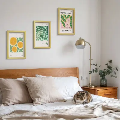 Conjunto de molduras com imagens com motivos de frutas e plantas em tons pastel