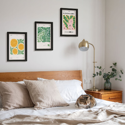 Conjunto de molduras com imagens Pôsteres com motivos de frutas e plantas em tons pastel.