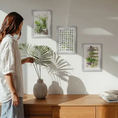 Tríptico com moldura plantas secas para lista de ervas culinárias