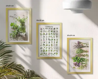 Tríptico com moldura plantas secas para lista de ervas culinárias