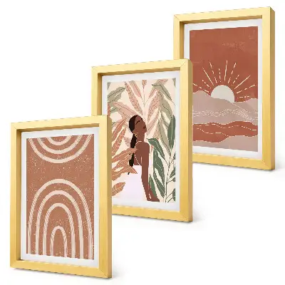 Conjunto de 3 quadros decorativos com formas e ilustrações abstratas boho