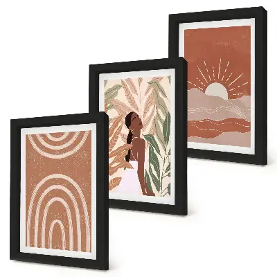 Conjunto de 3 quadros decorativos com formas e ilustrações abstratas boho