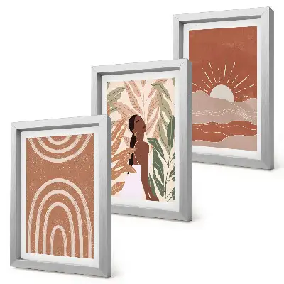 Conjunto de 3 quadros decorativos com formas e ilustrações abstratas boho