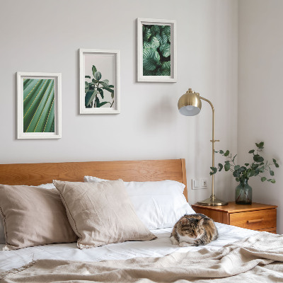 Conjunto de 3 quadros decorativos Folhas tropicais estéticas em vários tons de verde.