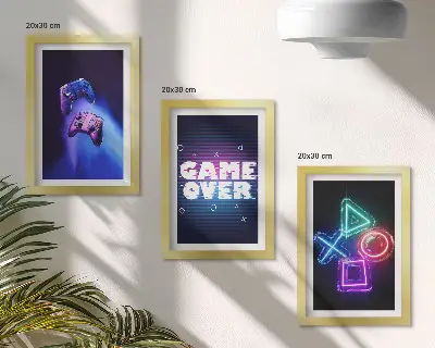 Tríptico com moldura com ícones de game over