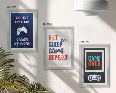 Conjunto de 3 quadros decorativos com legendas de jogos de entretenimento
