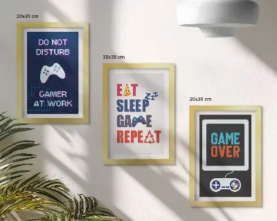 Conjunto de 3 quadros decorativos com legendas de jogos de entretenimento