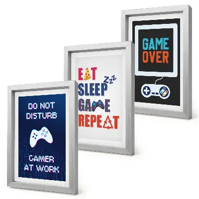 Conjunto de 3 quadros decorativos com legendas de jogos de entretenimento
