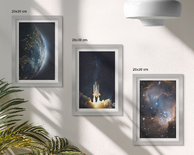 Tríptico com moldura Espaço Terra foguete galáxia céu estrelas