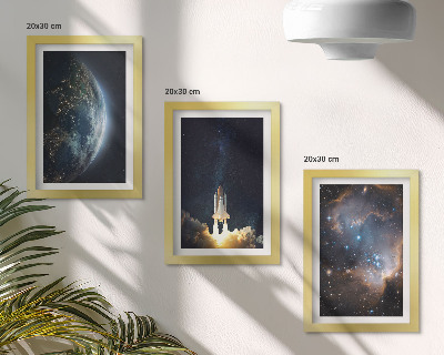 Tríptico com moldura Espaço Terra foguete galáxia céu estrelas