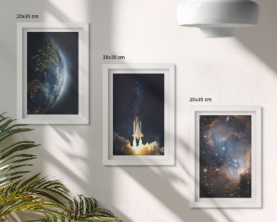 Tríptico com moldura Espaço Terra foguete galáxia céu estrelas