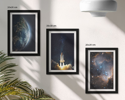 Tríptico com moldura Espaço Terra foguete galáxia céu estrelas