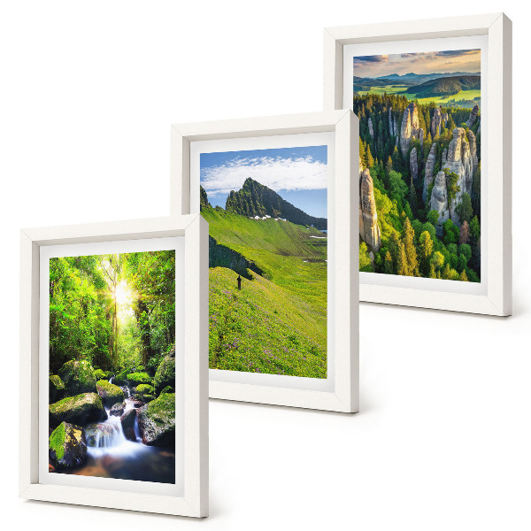 Conjunto de 3 quadros decorativos Paisagens montanhosas verdejantes com cachoeira e floresta.