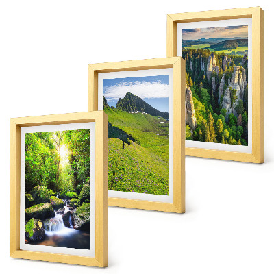 Conjunto de 3 quadros decorativos Paisagens montanhosas verdejantes com cachoeira e floresta.