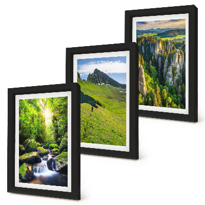 Conjunto de 3 quadros decorativos Paisagens montanhosas verdejantes com cachoeira e floresta.