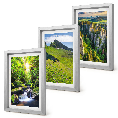 Conjunto de 3 quadros decorativos Paisagens montanhosas verdejantes com cachoeira e floresta.