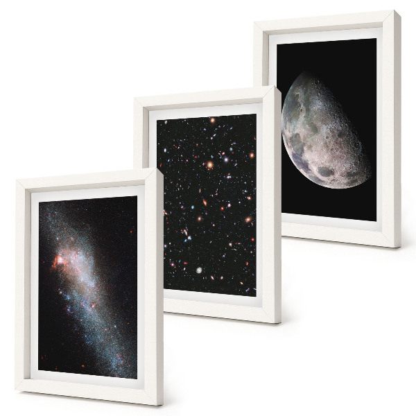 Conjunto de molduras com imagens galáxia espacial, estrelas e lua cheia