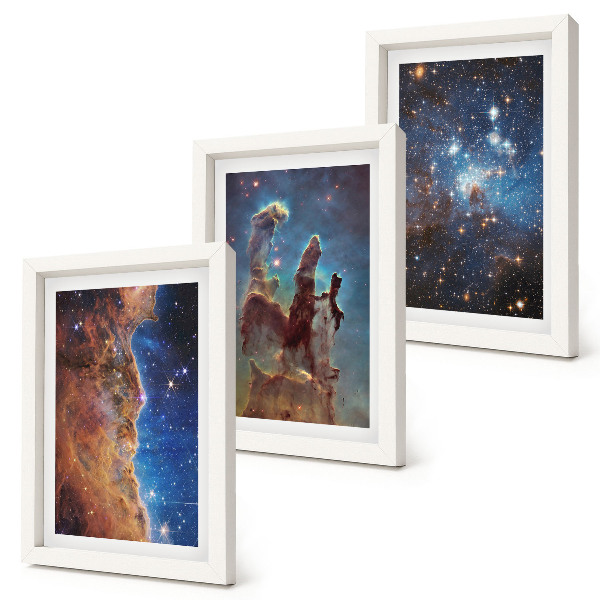 Tríptico com moldura Paisagens espaciais com galáxias e nebulosas