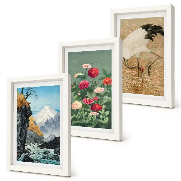 Conjunto de 3 quadros decorativos com paisagem de montanhas, rio, flores e garças na relva